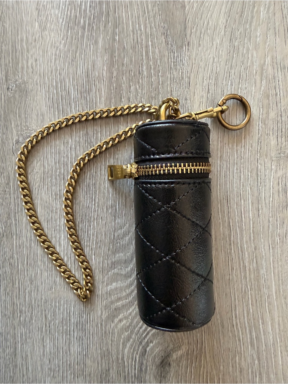 Black Quilted faux Leather Lipstick Case with Gold Chain